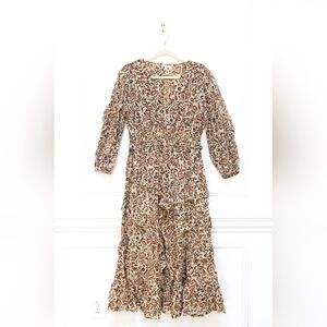 Anna Cate Size M Red & Tan Floral Louise Ruffle Tiered Midi A-Line Fall Dress